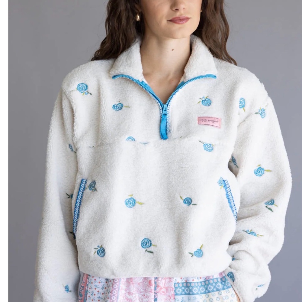 Simply Southern Cream Teddy Jacket with Blue Floral Embroidery